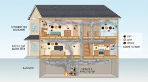 Smoke damage path in house
